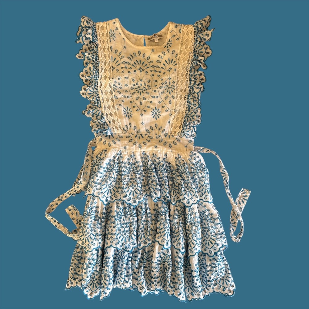 NJ Couture Paris White Blue Embroidered Eyelet‎ Tiered Ruffle Dress M